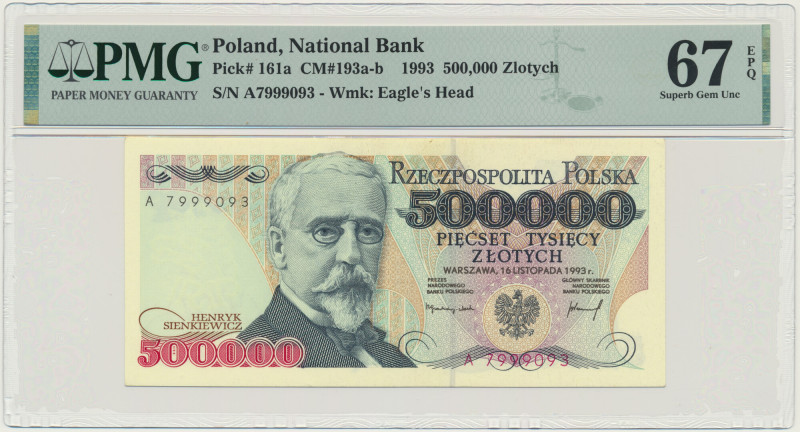 500.000 złotych 1993 - A - PMG 67 EPQ - pierwsza seria - RZADKOŚĆ w tym stanie &...