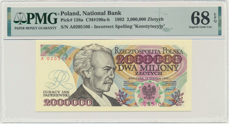 2 miliony złotych 1992 - A - Konstytucyjy - PMG 68 EPQ &nbsp; Odmiana z błędem '...