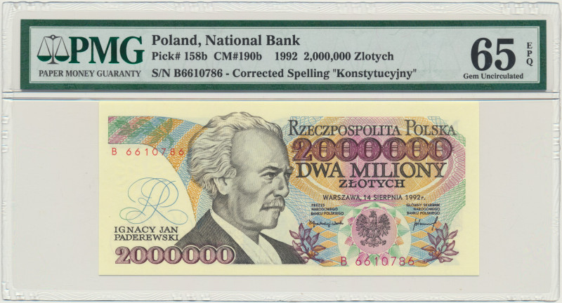 2 miliony złotych 1992 - B - PMG 65 EPQ &nbsp; Odmiana z poprawną klauzulą 'Kons...