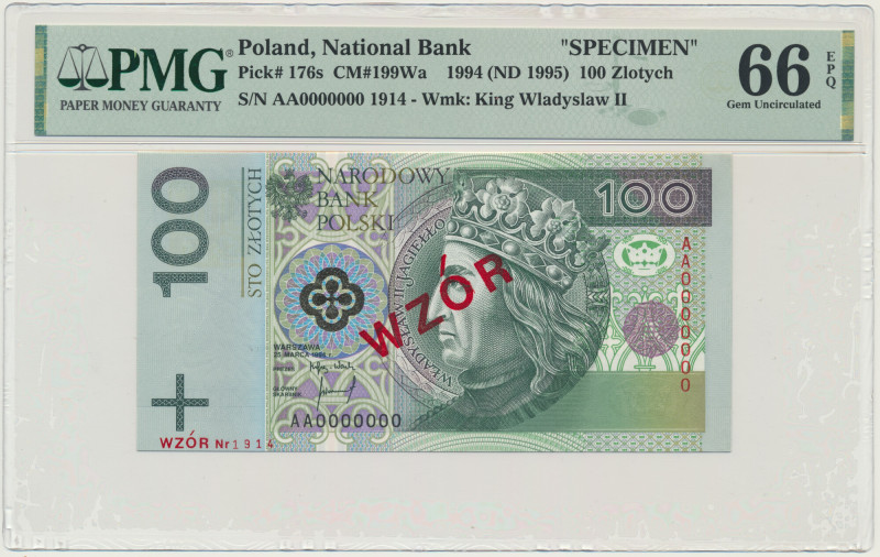 100 złotych 1994 - WZÓR - AA 0000000 - Nr. 1914 - PMG 66 EPQ &nbsp; Banknot w sl...