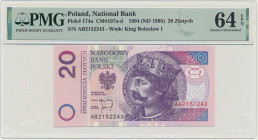 20 złotych 1994 - AB - PMG 64 EPQ - rzadka seria