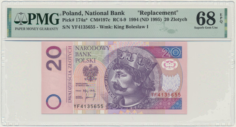 20 złotych 1994 - YF - PMG 68 EPQ - seria zastępcza &nbsp; Seria zastępcza YF. P...