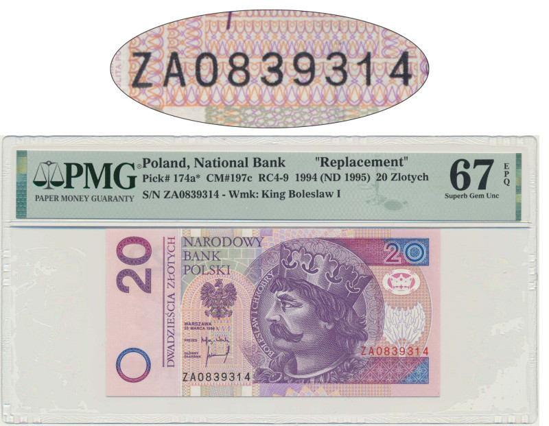 20 złotych 1994 - ZA - PMG 67 EPQ - seria zastępcza TDLR &nbsp; Lubiana seria za...