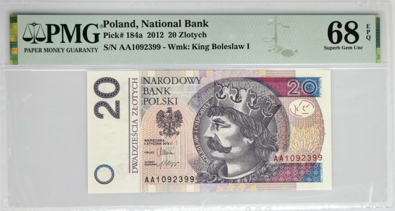 20 złotych 2012 - AA - PMG 68 EPQ &nbsp; Lubiana i poszukiwana seria AA.&nbsp; P...