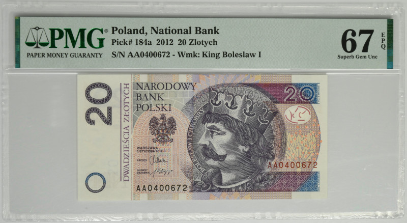 20 złotych 2012 - AA - PMG 67 EPQ &nbsp; Lubiana i poszukiwana seria AA.&nbsp; P...