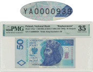 50 złotych 1994 - YA 0000939 - PMG 35 - seria zastępcza - NAJRZADSZY BANKNOT III RP
