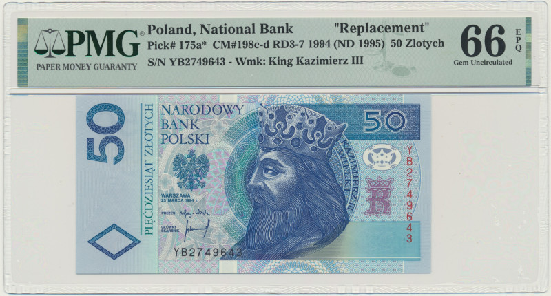 50 złotych 1994 - YB - PMG 66 EPQ - seria zastępcza &nbsp; Seria zastępcza. Pier...