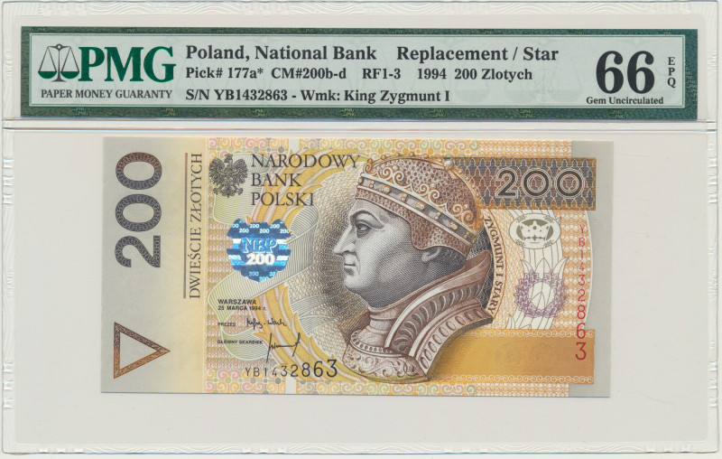 200 złotych 1994 - YB - PMG 66 EPQ - seria zastępcza &nbsp; Seria zastępcza YB. ...