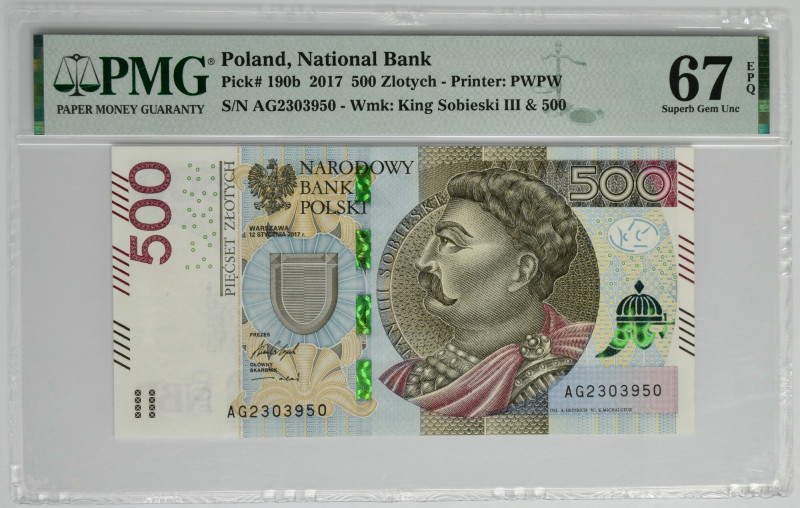 500 złotych 2017 - AG - PMG 67 EPQ &nbsp; Podpis Adama Glapińskiego.&nbsp; Piękn...