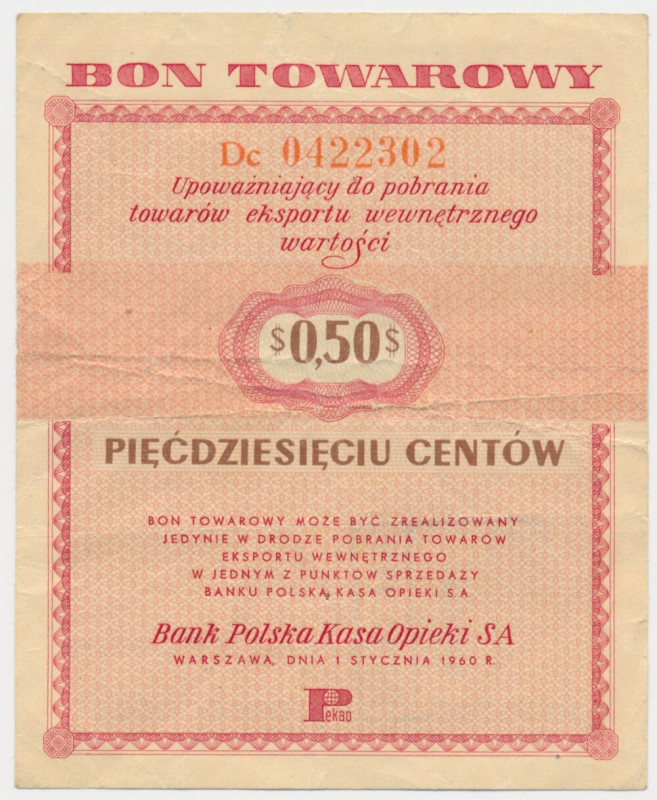 Pewex, 50 centów 1960 - Dc - z klauzulą - &nbsp; Rzadszy nominał.&nbsp; Odmiana ...