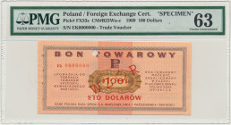 Pewex, 100 dolarów 1969 - WZÓR - Ek 0000000 - PMG 63 2-ga nota