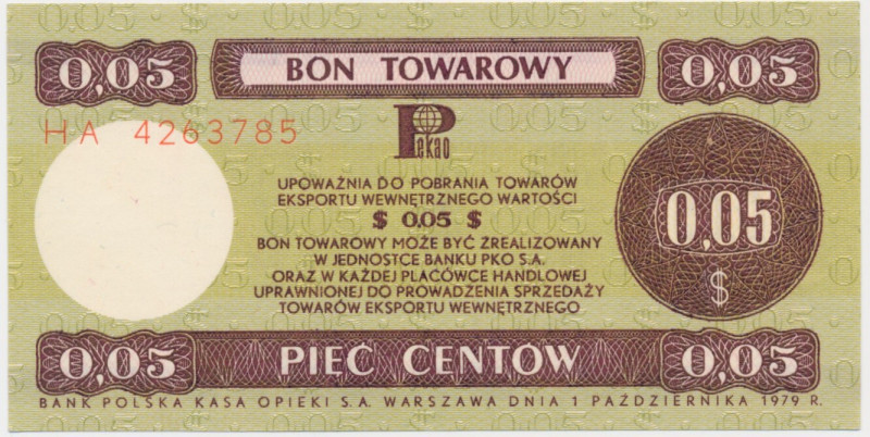 Pewex, 5 centów 1979 - HA - mały - &nbsp; Wymiary pola bonu 110 x 55 mm.&nbsp; E...