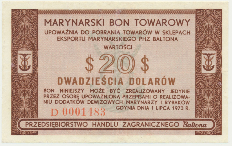 Baltona 20 dolarów 1973 - D - RZADKI &nbsp; Najwyższy nominał emisji jakże trudn...