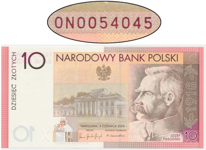 10 złotych 2008 - 90. Rocznica Odzyskania Niepodległości - radarowy numer seryjn...