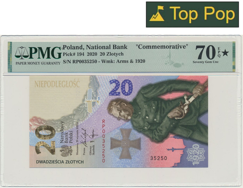 20 złotych 2020 - Bitwa Warszawska - PMG 70 EPQ ★ &nbsp; Wyselekcjonowany, natur...