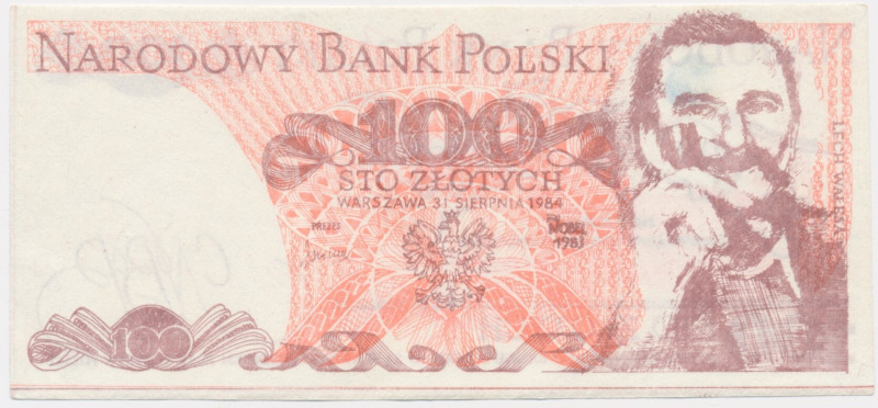 Solidarność, cegiełka 100 złotych 1984 - Wałęsa - &nbsp; Jednokrotnie ugięty prz...