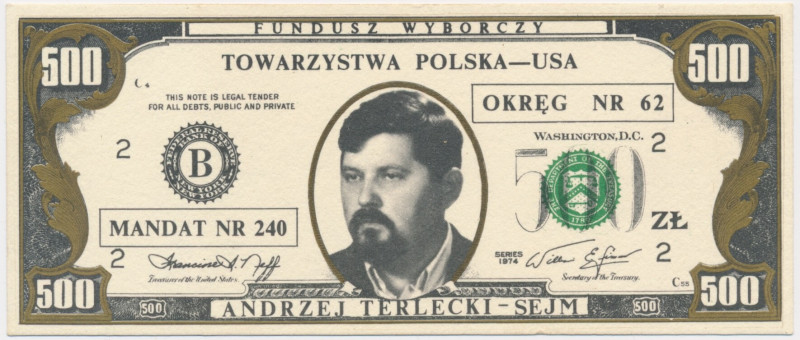 Solidarność, cegiełka 500 złotych 1974 - Terlecki - &nbsp; Cegiełka wydrukowana ...