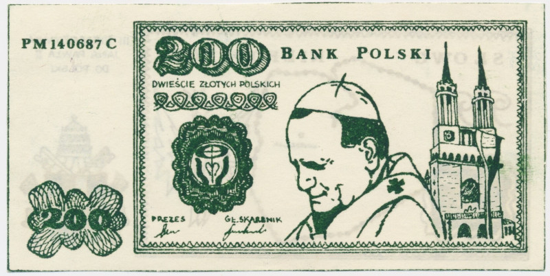 Solidarność, cegiełka 200 złotych - Jan Paweł II - &nbsp; Obustronny zielony dru...