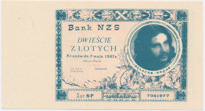 Solidarność, cegiełka 200 złotych 1987 - S. Pyjas - rzadka &nbsp; Rzadko notowan...