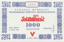 Solidarność, cegiełka 1.000 złotych 1989 - Fundusz Wyborczy Rzeszowski K.O. -