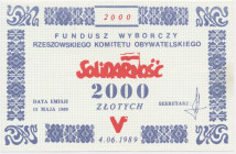Solidarność, cegiełka 2.000 złotych 1989 - Fundusz Wyborczy Rzeszowski K.O. -