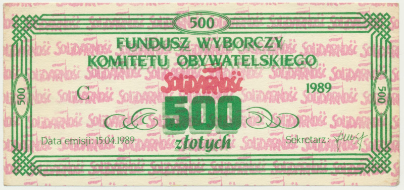 Solidarność, cegiełka 500 złotych 1989 na Fundusz Wyborczy Komitetu Obywatelskie...