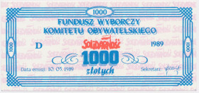 Solidarność, cegiełka 1.000 złotych 1989 na Fundusz Wyborczy Komitetu Obywatelskiego