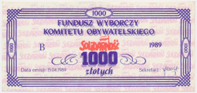 Solidarność, cegiełka 1.000 złotych 1989 na Fundusz Wyborczy Komitetu Obywatelskiego