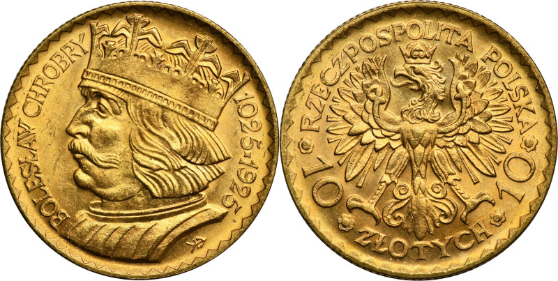 10 złotych 1925 Chrobry Gold '900'. Diameter 19 mm, weight 3.23 g
 Złoto próby ...