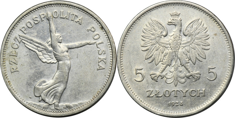 Nike, 5 złotych Warszawa 1928 Moneta czyszczona, ale dobry detal.&nbsp;
Referen...