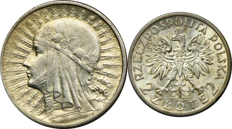 Głowa Kobiety, 2 złote 1932 Lepszy rocznik.&nbsp; Moneta z zegarowym połyskiem. ...