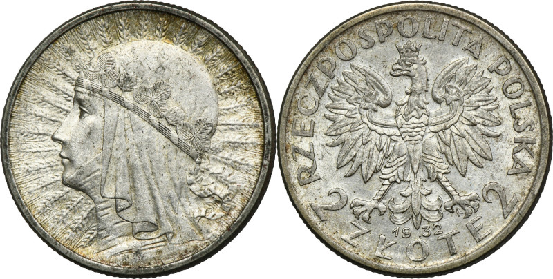 Głowa Kobiety, 2 złote 1932 Lepszy rocznik.&nbsp; Moneta z zegarowym połyskiem. ...