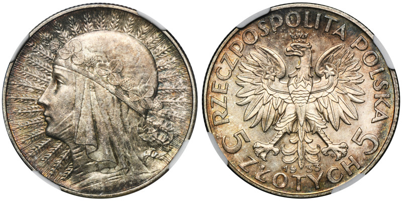 Głowa Kobiety, 5 złotych Warszawa 1933 - NGC MS62 Menniczy egzemplarz. Piękna, n...