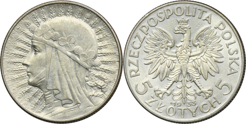 Głowa Kobiety, 5 złotych Warszawa 1933 Bardzo dobry detal. Pięknie zachowane kon...