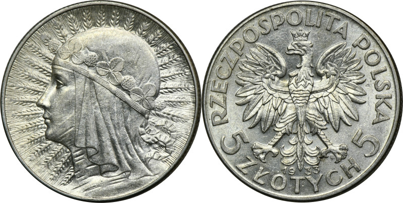 Głowa Kobiety, 5 złotych Warszawa 1933 Moneta z dużą ilością menniczej świeżości...