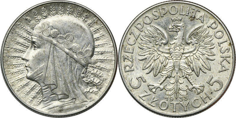 Głowa Kobiety, 5 złotych Warszawa 1933 Moneta z dużą ilością menniczej świeżości...