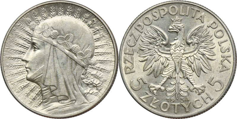 Głowa Kobiety, 5 złotych Warszawa 1934 Bardzo ładna moneta. Naturalna patyna.
 ...