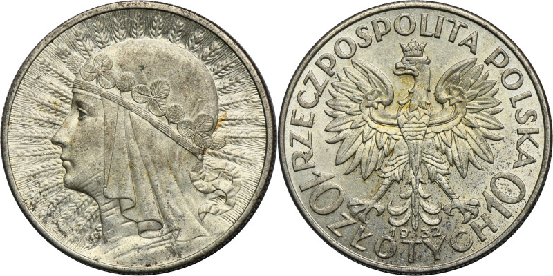Głowa Kobiety, 10 złotych Londyn 1932 Dobry detal. Delikatna patyna.
Reference:...