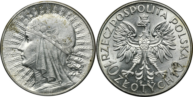 Głowa Kobiety, 10 złotych Londyn 1932 Dobry detal. Menniczej świeżości egzemplar...