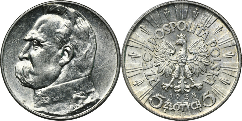 Piłsudski, 5 złotych 1938 Lepszy rocznik. Rysa w tle awersu.&nbsp; Reference: Pa...