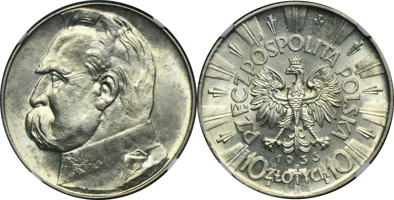 Piłsudski, 10 złotych 1936 - NGC MS63 Menniczy egzemplarz z głębokim zegarowym p...