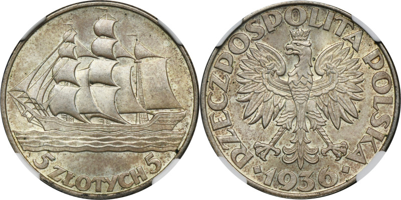 Żaglowiec, 5 złotych 1936 - NGC MS63 - PIĘKNY Wyjątkowej urody egzemplarz w natu...