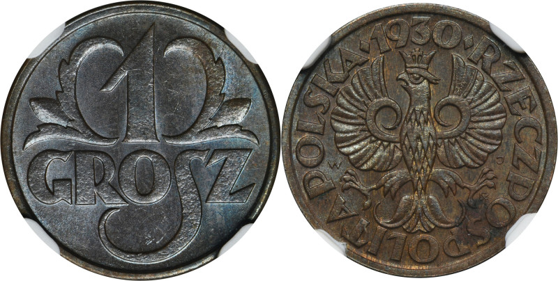 1 grosz 1930 - NGC MS63 BN Menniczy egzemplarz z połyskiem. Kolor brązowy. Rzads...
