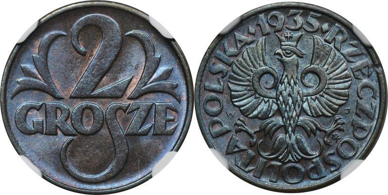 2 grosze 1935 - NGC MS65 BN Rzadki rocznik. Doskonała sztuka z pięknym menniczym...