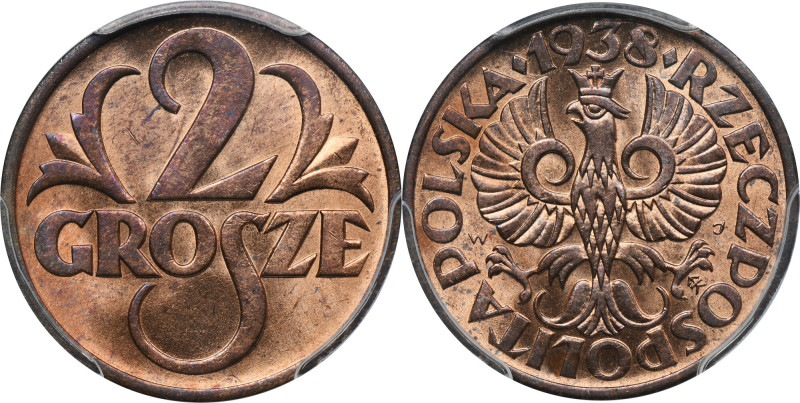 2 grosze 1938 - PCGS MS64 RB &nbsp;Menniczy egzemplarz w kolorze czerwonobrązowy...