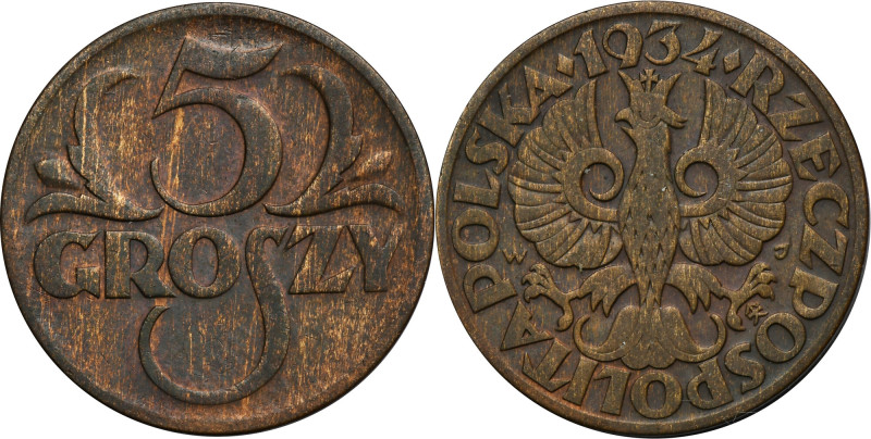 5 groszy 1934 - RZADKIE Najrzadszy z jedenastu wybitych roczników.&nbsp; Referen...