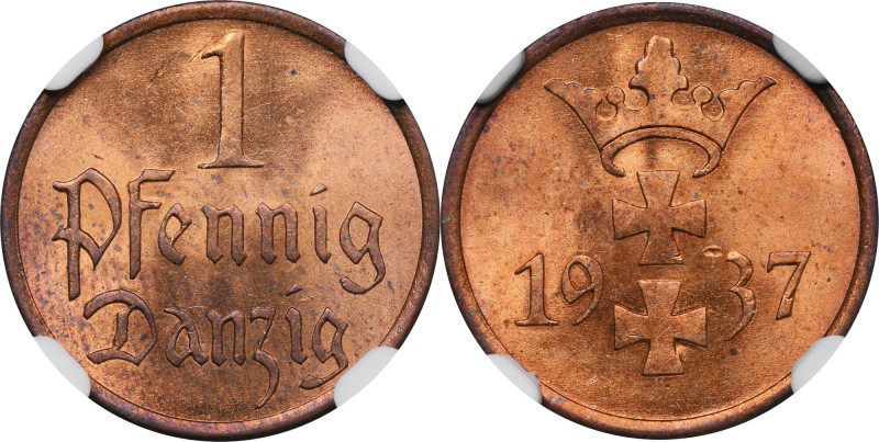 Free City of Danzig, 1 pfennig 1937 - NGC MS63 RD Menniczy egzemplarz z mocnym l...