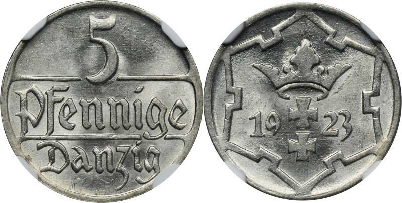 Free City of Danzig, 5 pfennige 1923 - NGC MS65 Menniczy egzemplarz z głębokim, ...