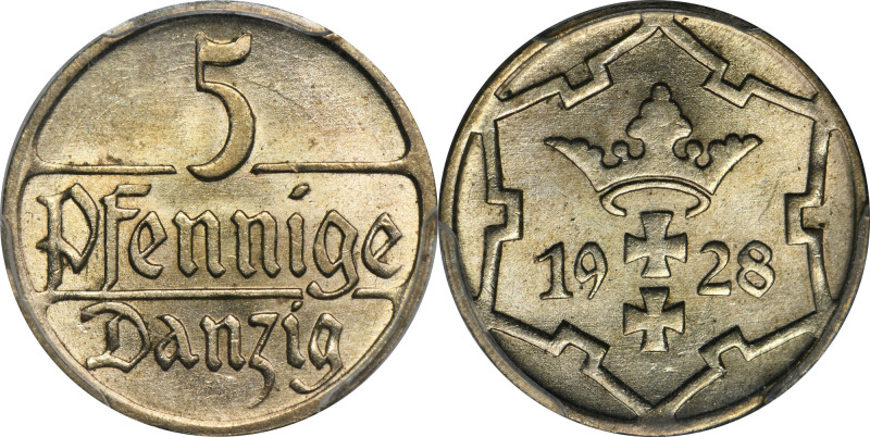 Free City of Danzig, 5 pfennig 1928 - PCGS MS64 Rzadki rocznik w menniczym stani...