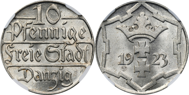 Free City of Danzig, 10 pfennige 1923 - NGC MS63 Znakomity egzemplarz z pięknym ...